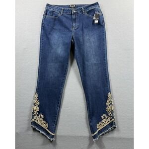 A.Z.I Jeans Womens 12 Blue Med Wash Cropped Embroidered Fringe Stretch 32x27